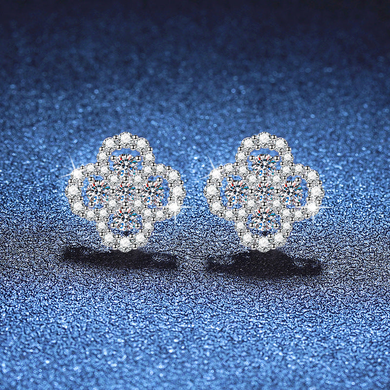 Earrings - Sterling Silver Four Leaf Clover Stud Earrings with Full Pave Moissanite Stones
