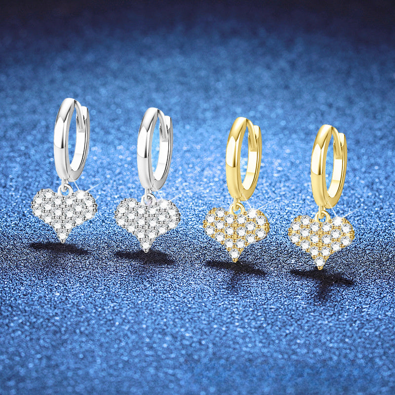 Earrings Sterling Silver Moissanite Heart Drop Hoop Earrings with Pave Setting