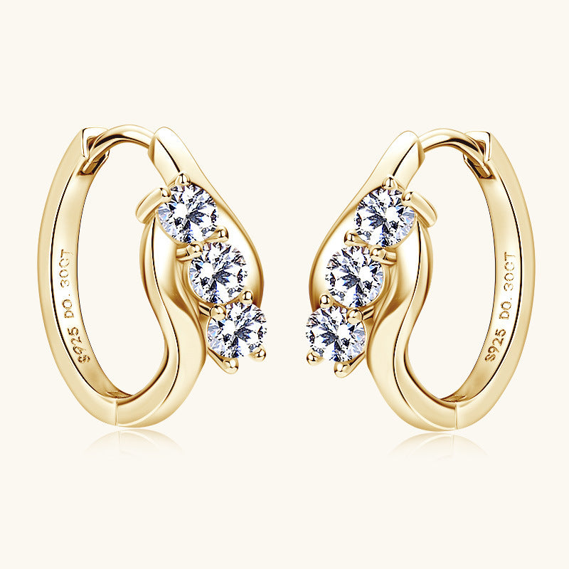 Earrings - Geometric Twisted Arm Moissanite Hoop Earrings in Sterling Silver with Triple Stone Design
