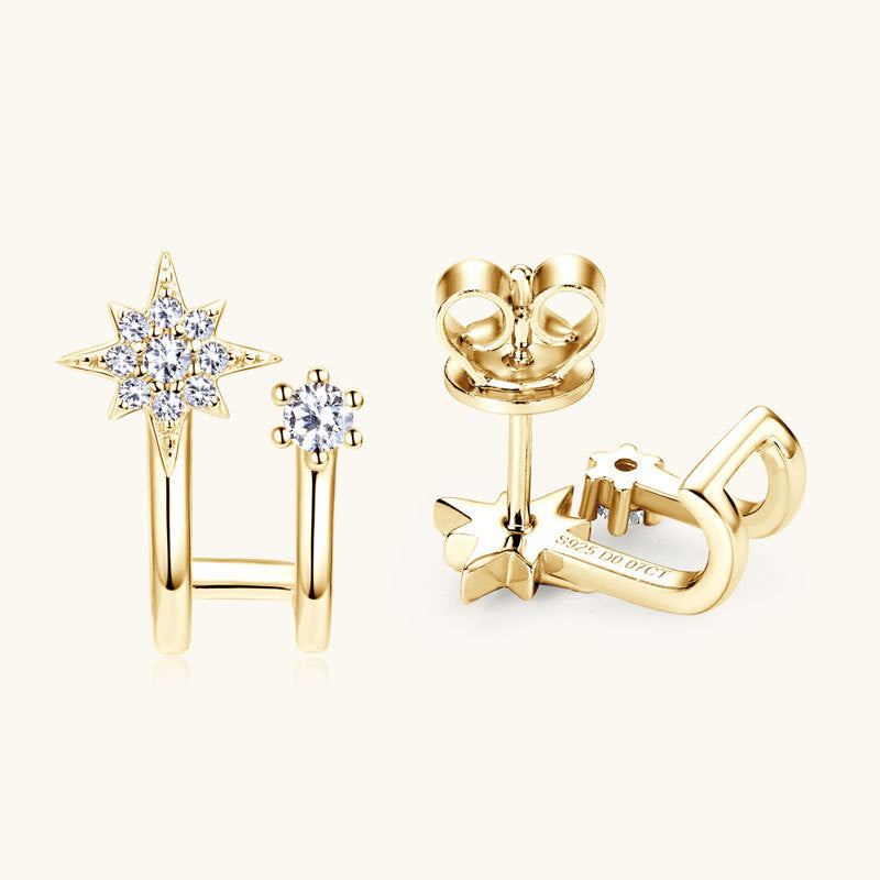 Earrings Sterling Silver Eight-Point Star Moissanite Stud Earrings with Asymmetric Double Hoop Design