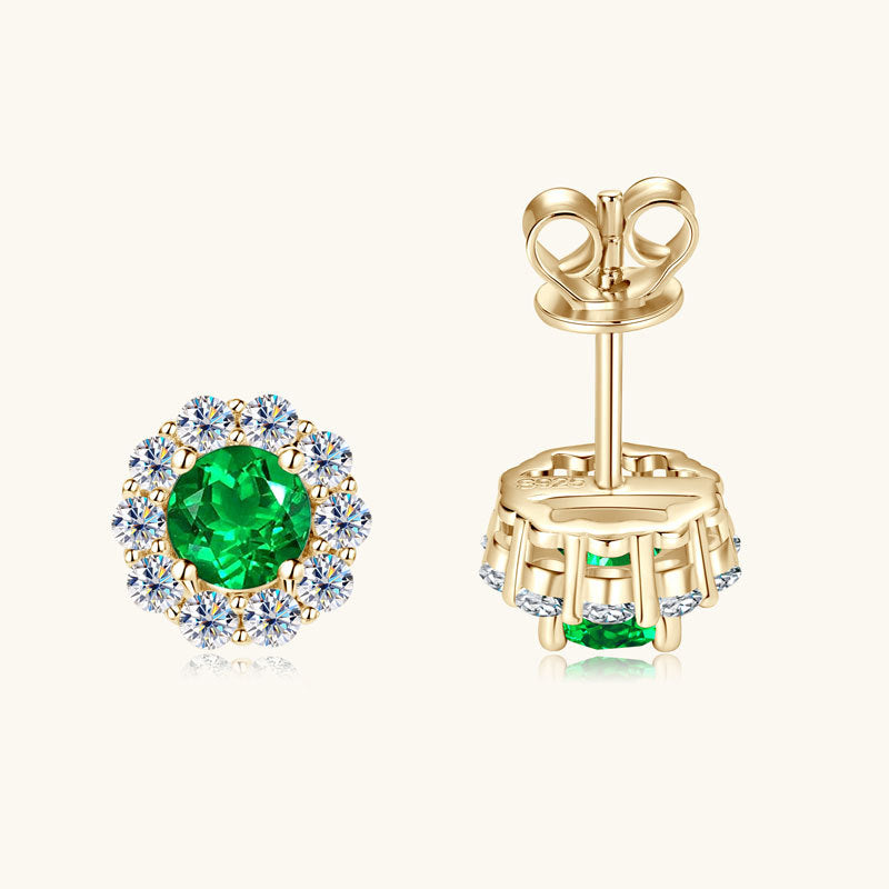 Vintage Halo Stud Earrings with Simulated Emerald and Crystal Accents in 925 Sterling Silver