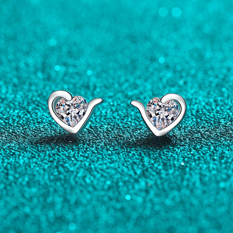 Heart Shaped Stud Earrings with Moissanite Accent in Sterling Silver