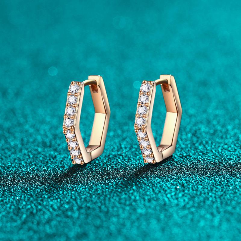 Hexagonal Moissanite Earrings with Champagne Gold Finish and Row of Sparkling Stones