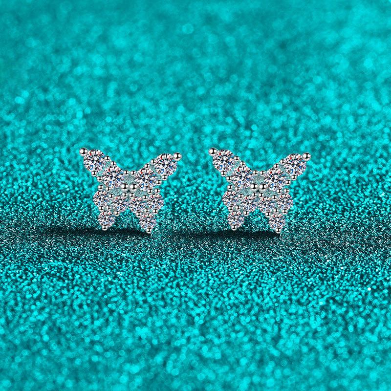 Butterfly Stud Earrings with Moissanite Stones in Sterling Silver for Women