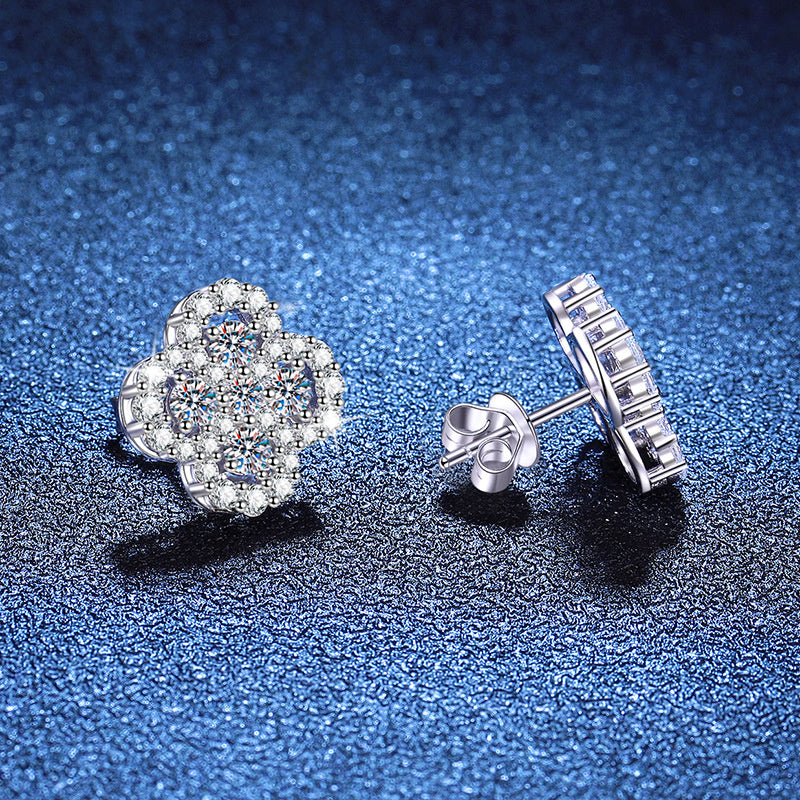 Earrings - Sterling Silver Four Leaf Clover Stud Earrings with Full Pave Moissanite Stones