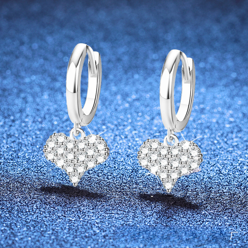 Earrings Sterling Silver Moissanite Heart Drop Hoop Earrings with Pave Setting