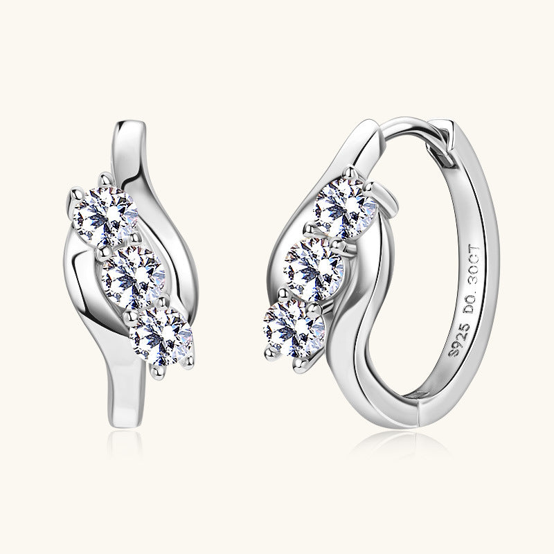 Earrings - Geometric Twisted Arm Moissanite Hoop Earrings in Sterling Silver with Triple Stone Design