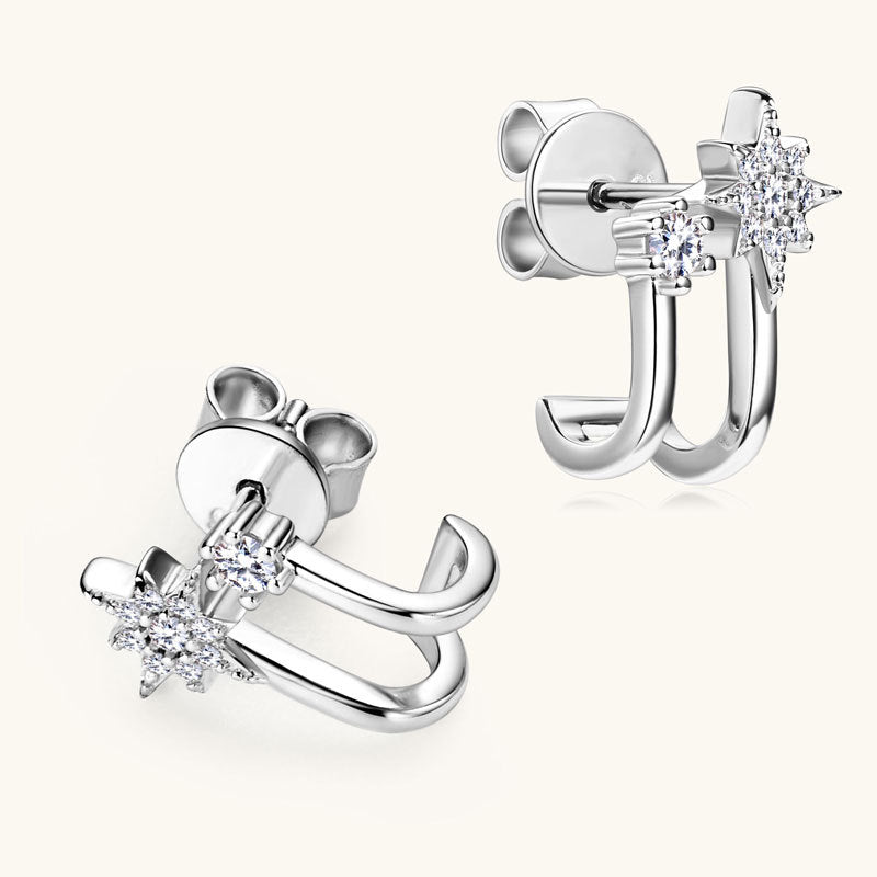 Earrings Sterling Silver Eight-Point Star Moissanite Stud Earrings with Asymmetric Double Hoop Design
