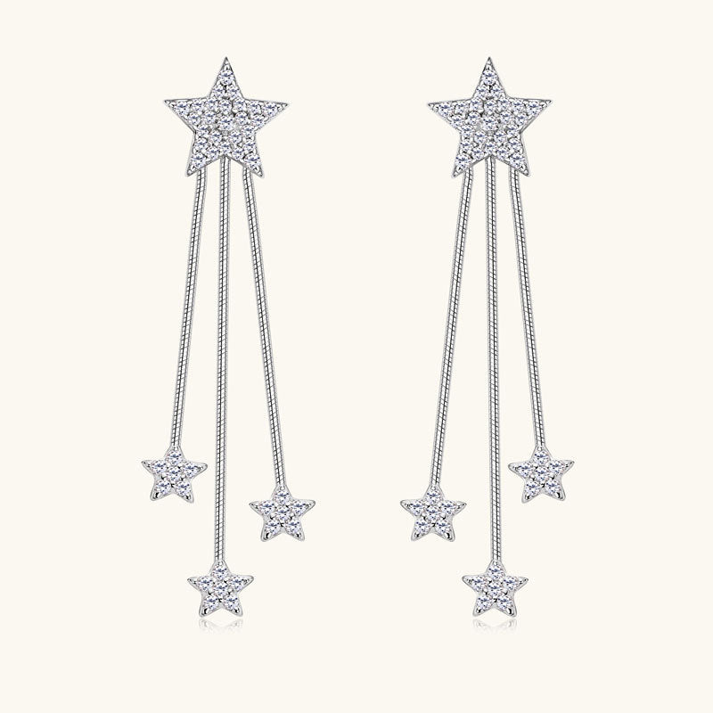 Earrings - Sparkling Five-Pointed Star Tassel Drop Earrings with Moissanite Sterling Silver
