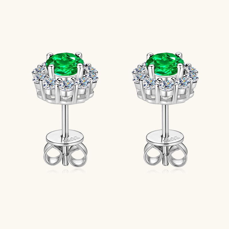 Vintage Halo Stud Earrings with Simulated Emerald and Crystal Accents in 925 Sterling Silver