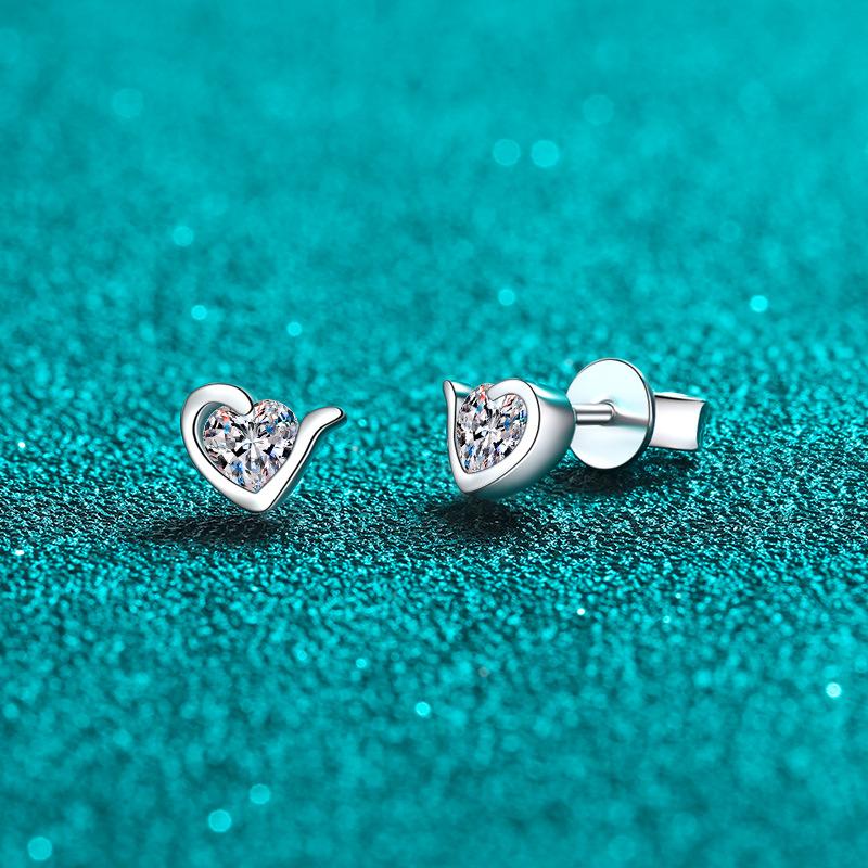 Heart Shaped Stud Earrings with Moissanite Accent in Sterling Silver