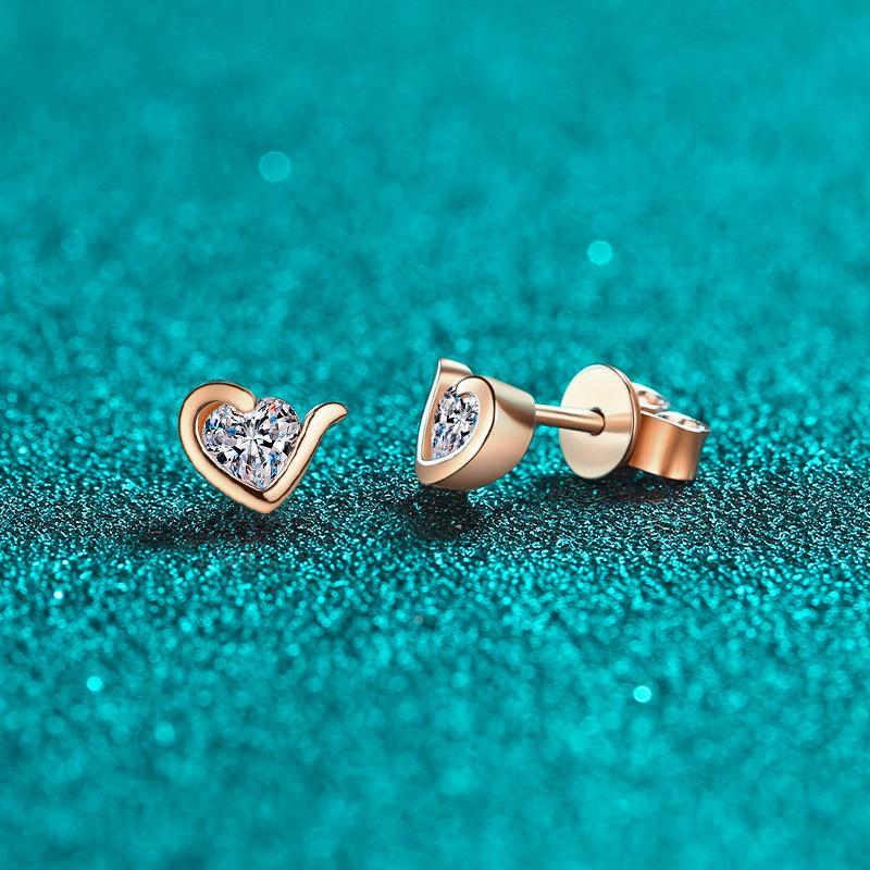 Earrings with Heart-Shaped Moissanite in Champagne Gold on Sterling Silver for Women, Delicate and Versatile Daily Wear