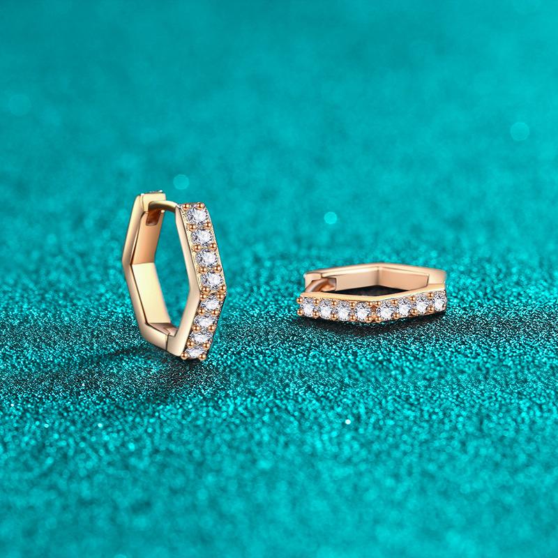 Hexagonal Moissanite Earrings with Champagne Gold Finish and Row of Sparkling Stones