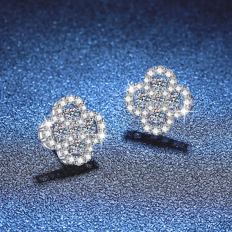 Earrings - Sterling Silver Four Leaf Clover Stud Earrings with Full Pave Moissanite Stones