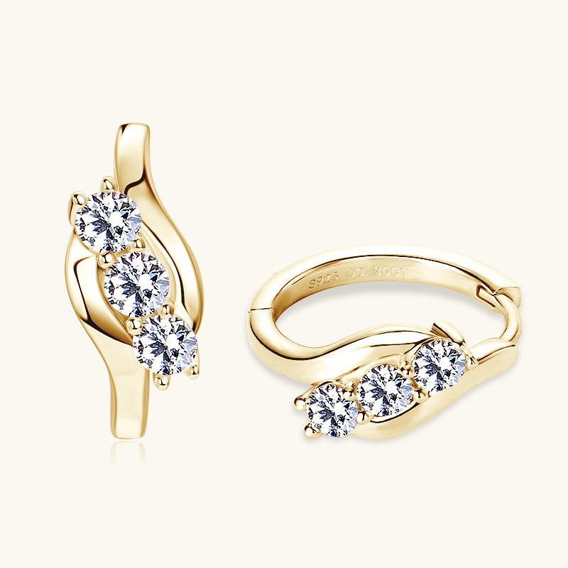 Earrings - Geometric Twisted Arm Moissanite Hoop Earrings in Sterling Silver with Triple Stone Design