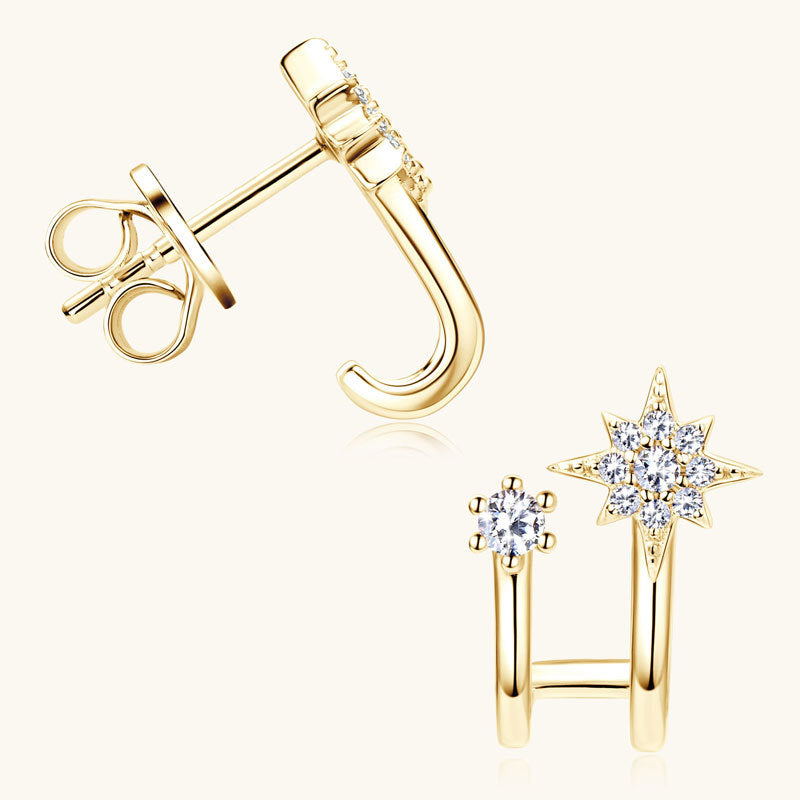 Earrings Sterling Silver Eight-Point Star Moissanite Stud Earrings with Asymmetric Double Hoop Design