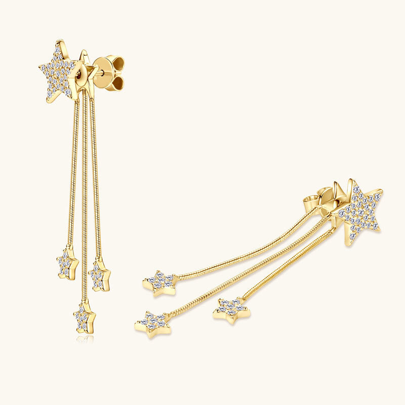 Earrings - Sparkling Five-Pointed Star Tassel Drop Earrings with Moissanite Sterling Silver