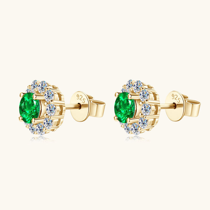 Vintage Halo Stud Earrings with Simulated Emerald and Crystal Accents in 925 Sterling Silver