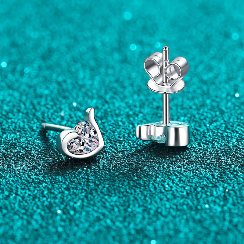 Heart Shaped Stud Earrings with Moissanite Accent in Sterling Silver