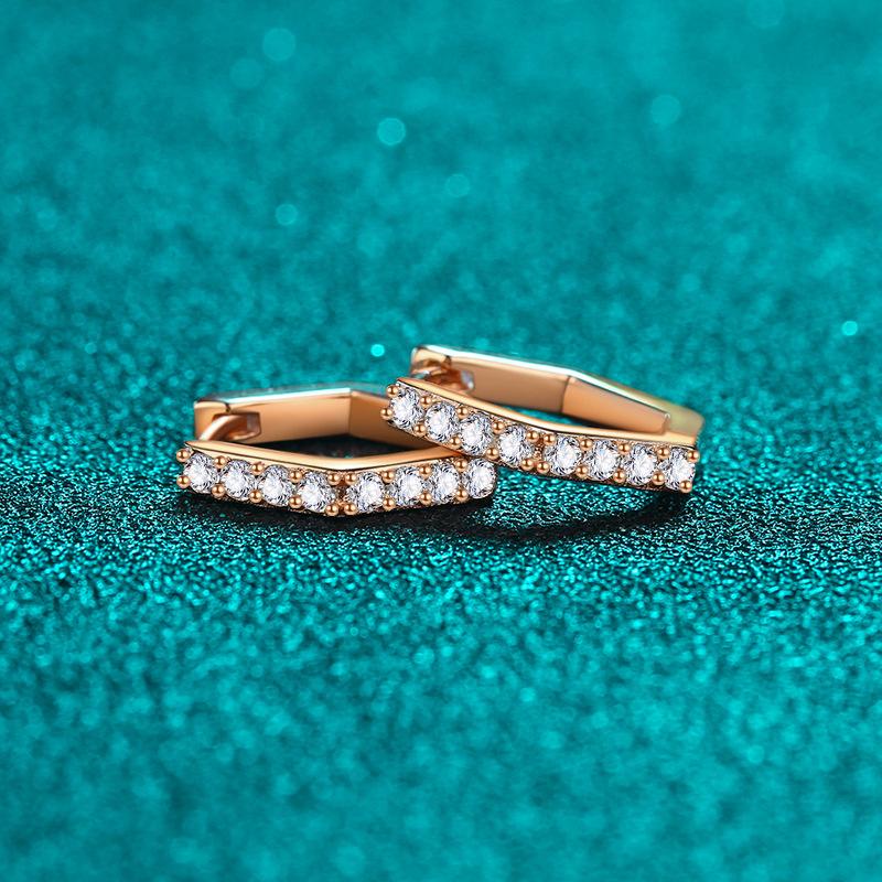 Hexagonal Moissanite Earrings with Champagne Gold Finish and Row of Sparkling Stones