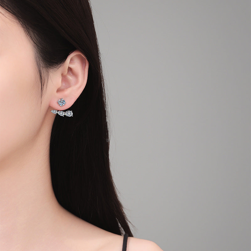 Earrings Sterling Silver Moissanite Stud Earrings with Detachable Ear Jacket Two Way Wear Four Prong Setting