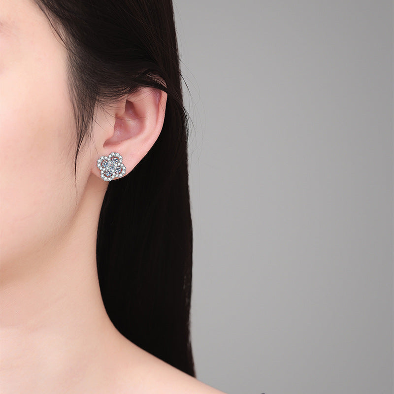 Earrings - Sterling Silver Four Leaf Clover Stud Earrings with Full Pave Moissanite Stones