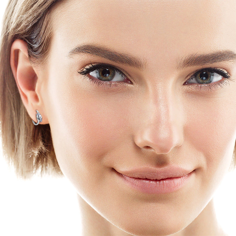 Earrings - Geometric Twisted Arm Moissanite Hoop Earrings in Sterling Silver with Triple Stone Design