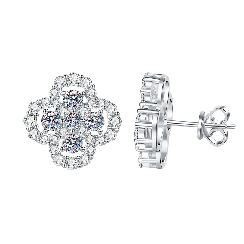Earrings - Sterling Silver Four Leaf Clover Stud Earrings with Full Pave Moissanite Stones