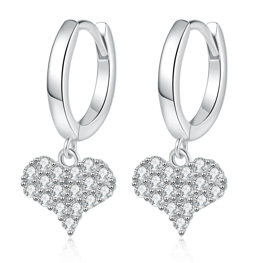 Earrings Sterling Silver Moissanite Heart Drop Hoop Earrings with Pave Setting