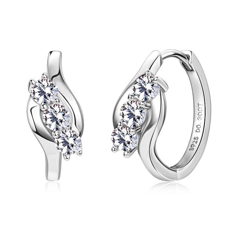 Earrings - Geometric Twisted Arm Moissanite Hoop Earrings in Sterling Silver with Triple Stone Design
