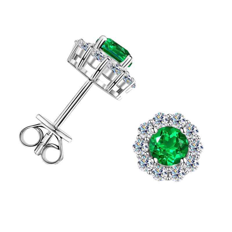 Vintage Halo Stud Earrings with Simulated Emerald and Crystal Accents in 925 Sterling Silver