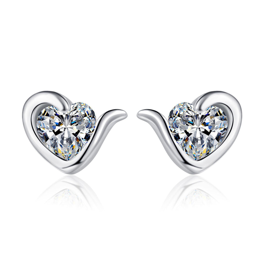 Heart Shaped Stud Earrings with Moissanite Accent in Sterling Silver