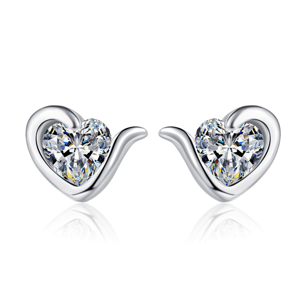 Heart Shaped Stud Earrings with Moissanite Accent in Sterling Silver