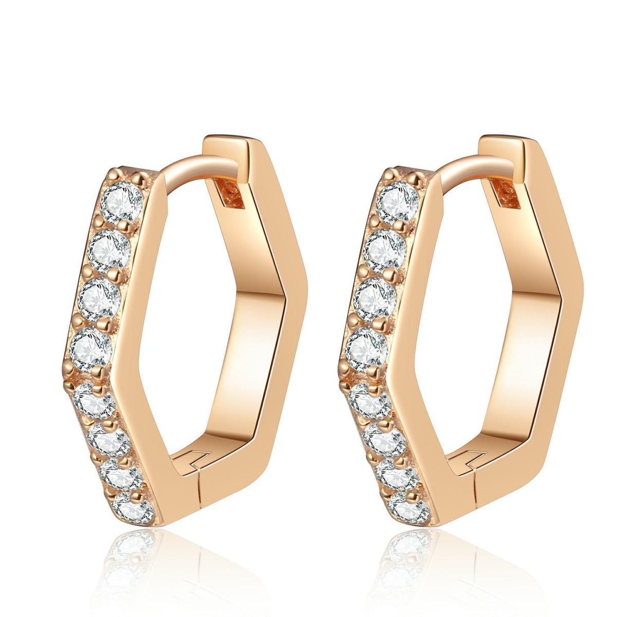 Hexagonal Moissanite Earrings with Champagne Gold Finish and Row of Sparkling Stones