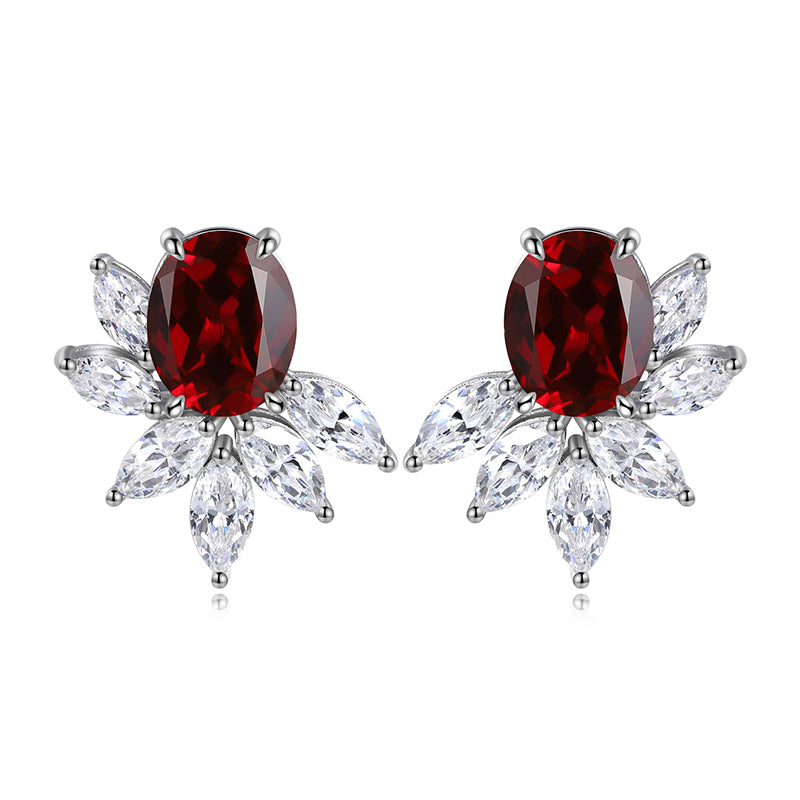 Oval-Cut Lab Gem Floral Cluster Stud Earrings in 925 Sterling Silver
