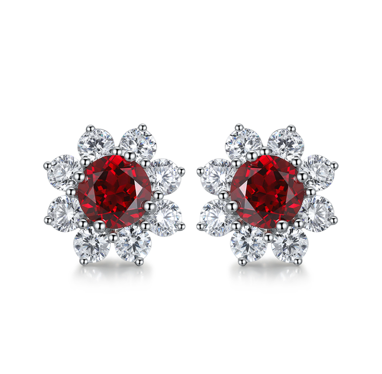 Round-Cut Floral Halo Lab-Grown Gemstone Stud Earrings in 925 Sterling Silver