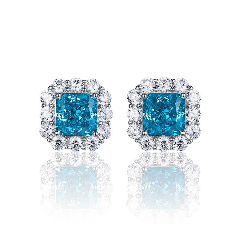 Blue Square-Cut Halo Stud Earrings in 925 Sterling Silver