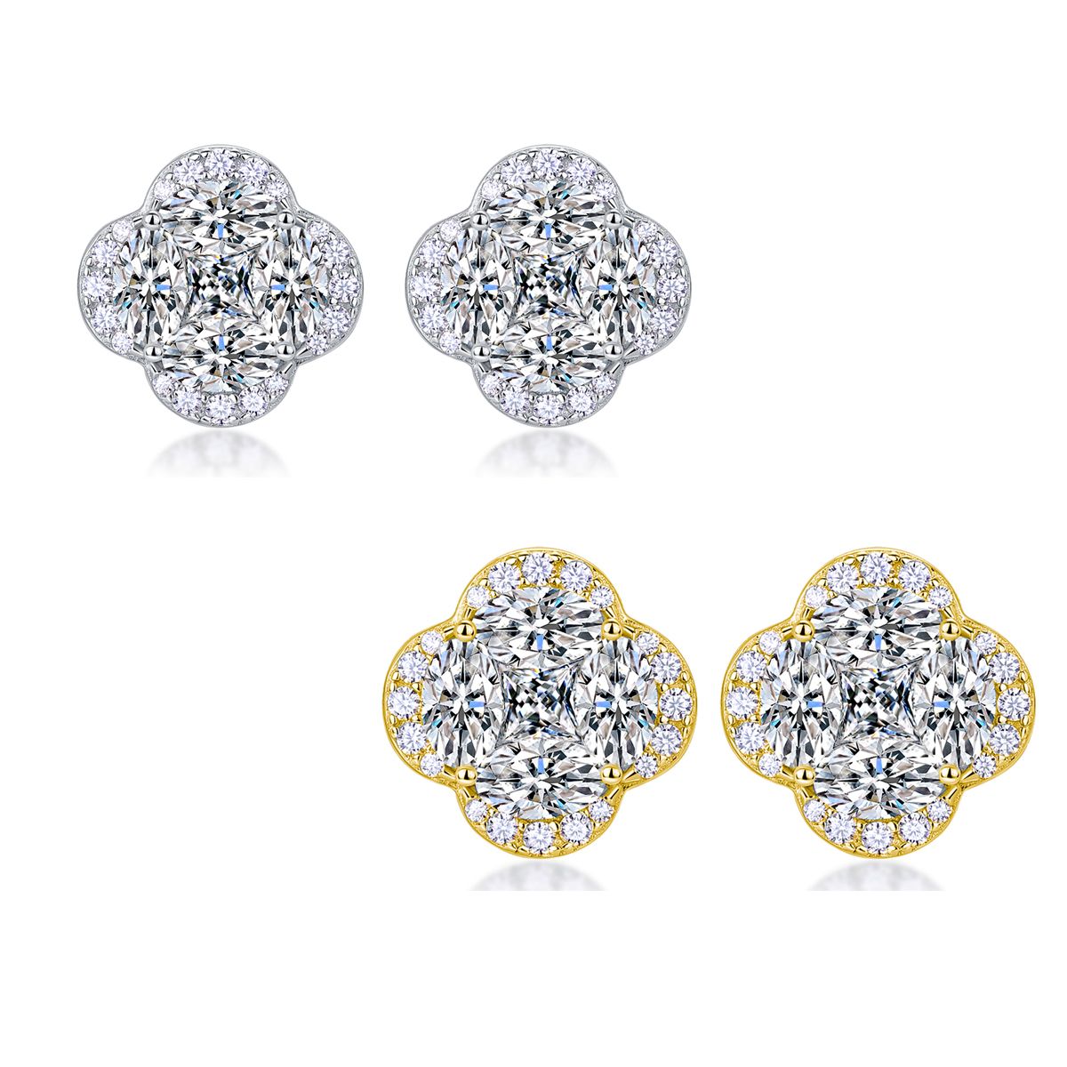 Moissanite Princess and Marquise Clover Cluster Stud Earrings in Sterling Silver