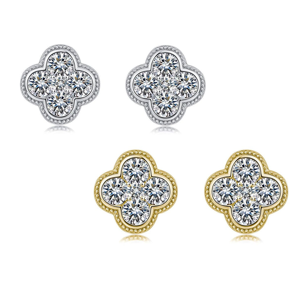 Round-Cut Moissanite Four-Leaf Clover Cluster Stud Earrings in Sterling Silver