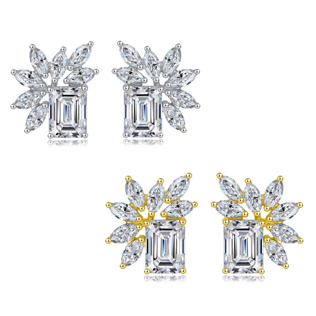 Emerald-Cut Moissanite Floral Cluster Stud Earrings in 925 Sterling Silver
