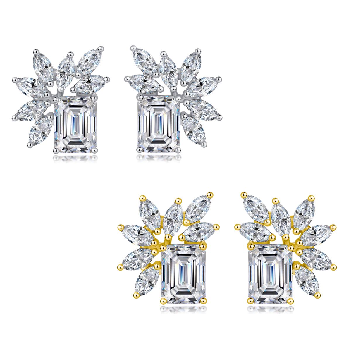Emerald-Cut Moissanite Floral Cluster Stud Earrings in 925 Sterling Silver