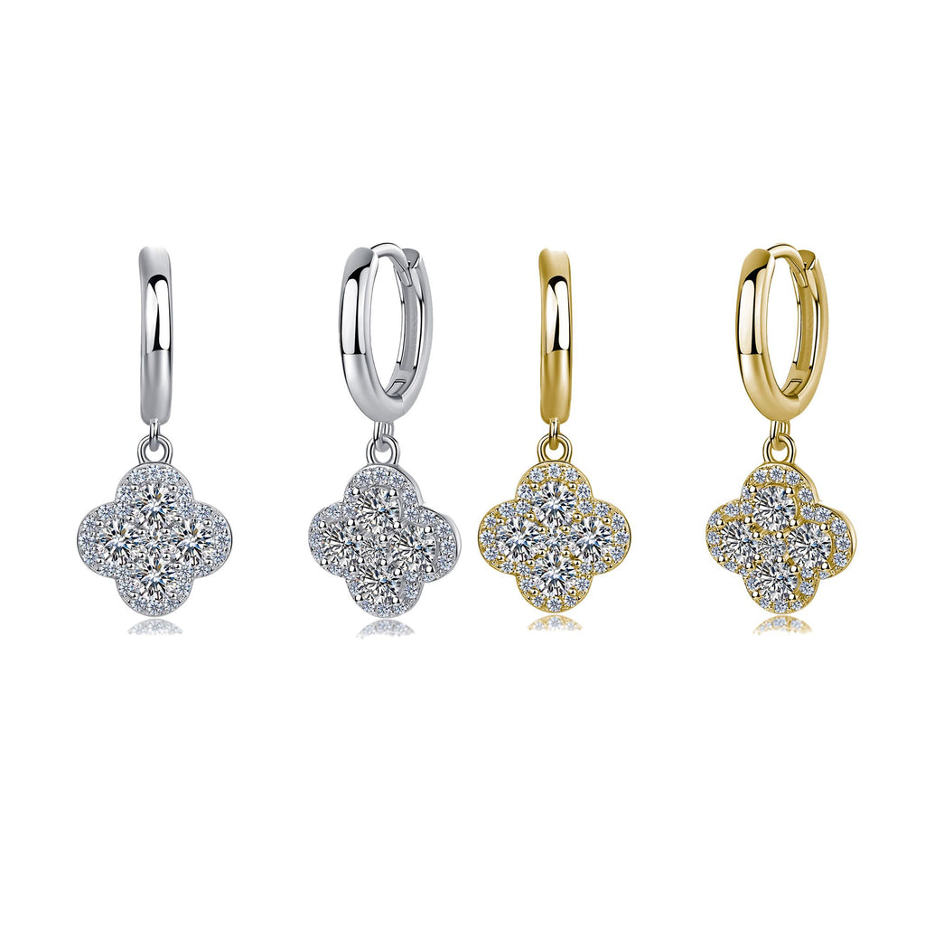 Round-Cut Moissanite Clover Drop Hoop Earrings in 925 Sterling Silver