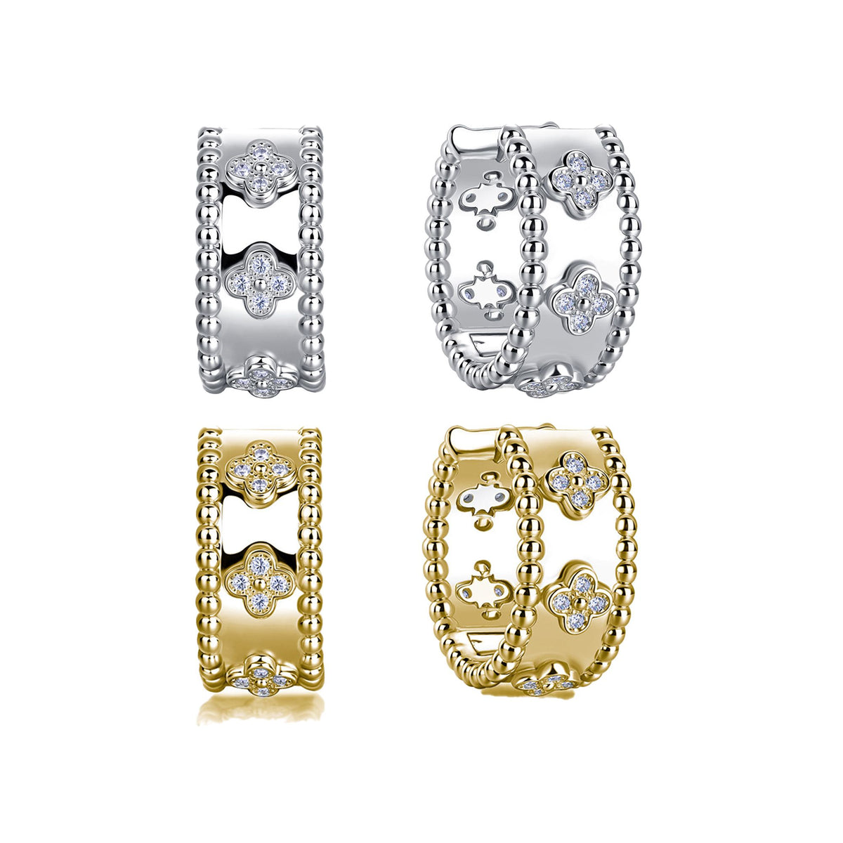 Round Moissanite Clover Beaded Huggie Hoop Earrings in 925 Sterling Silver