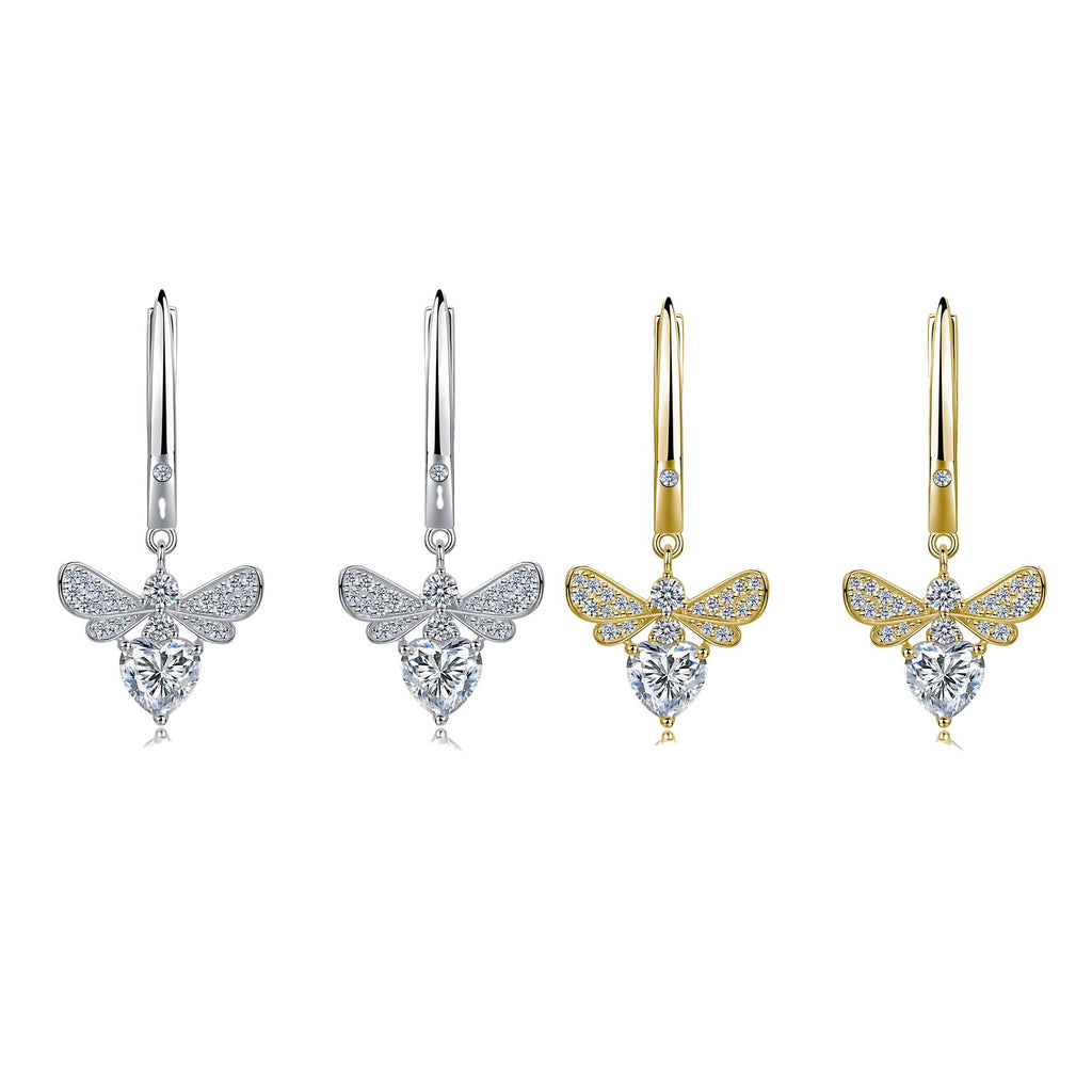 Heart-Cut Moissanite Bee Drop Earrings in 925 Sterling Silver