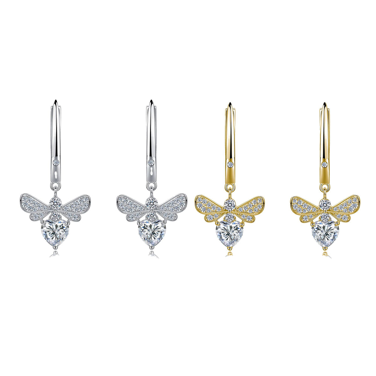 Heart-Cut Moissanite Bee Drop Earrings in 925 Sterling Silver