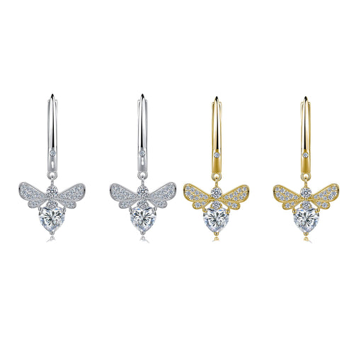 Heart-Cut Moissanite Bee Drop Earrings in 925 Sterling Silver