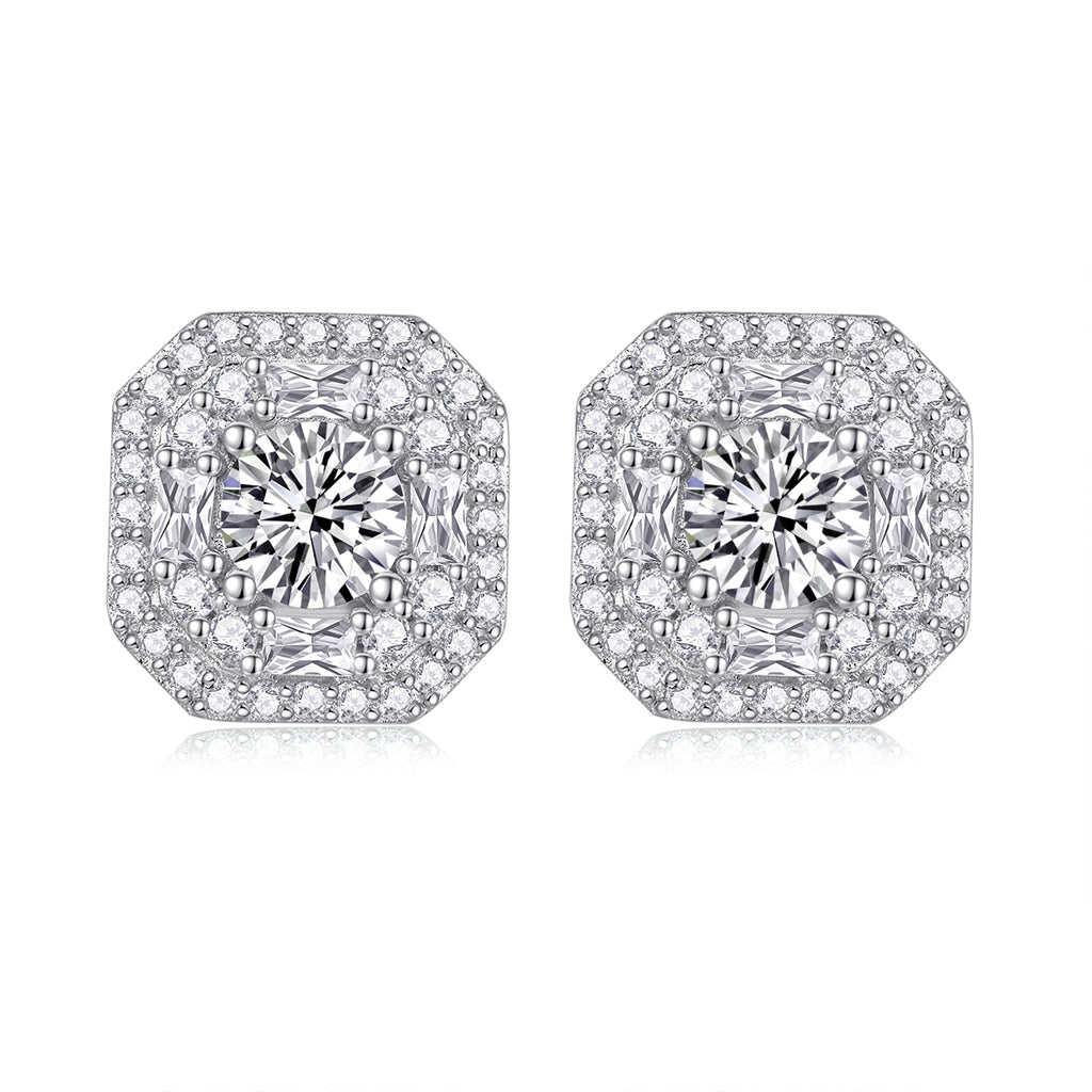 Round-Cut Moissanite Octagonal Halo Stud Earrings in 925 Sterling Silver