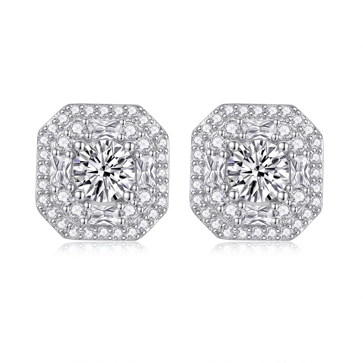 Round-Cut Moissanite Octagonal Halo Stud Earrings in 925 Sterling Silver