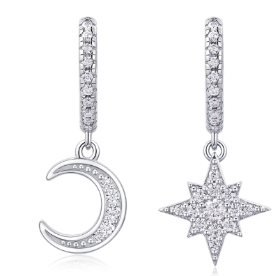 Moissanite Celestial Moon and Star Drop Earrings in 925 Sterling Silver