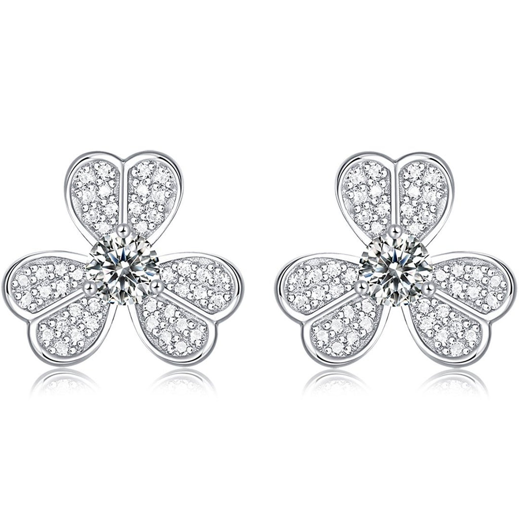 Round-Cut Moissanite Lucky Clover Floral Stud Earrings in 925 Sterling Silver
